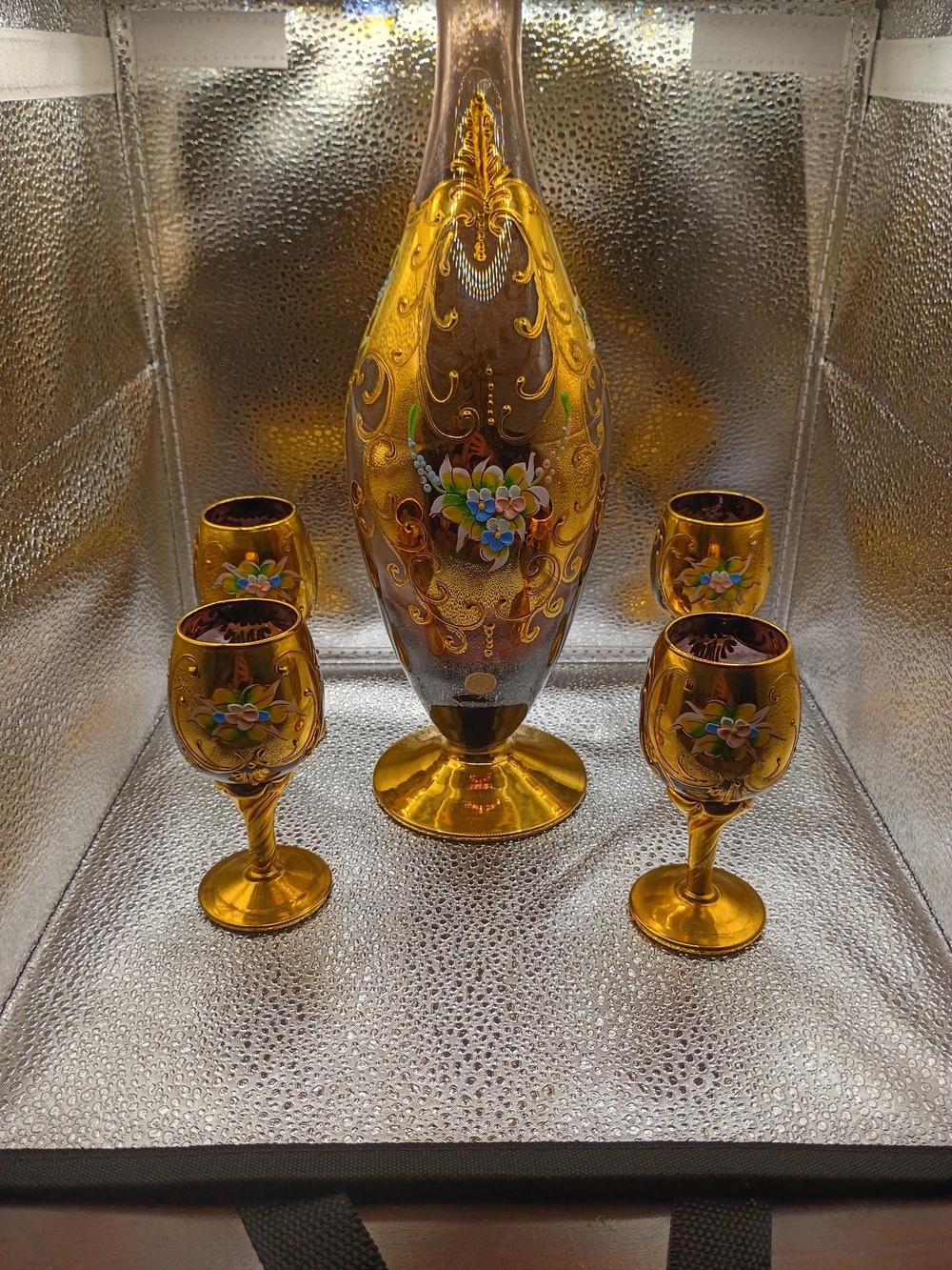 Vintage Venetian Hand-Painted 24k Gold Amethyst Glass Decanter and Goblet Set